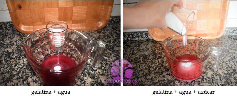 gelatina de fresa + agua + azúcar